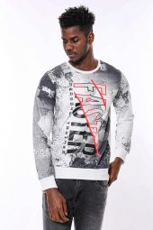 Beyaz Baskılı Taşlı Bisiklet Yaka Sweatshirt - 1
