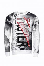 Beyaz Baskılı Taşlı Bisiklet Yaka Sweatshirt - 4