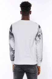 Beyaz Baskılı Taşlı Bisiklet Yaka Sweatshirt - 9