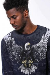 Lacivert Taşlı Desenli Sweatshirt - 1