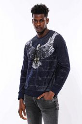 Lacivert Taşlı Desenli Sweatshirt - 7