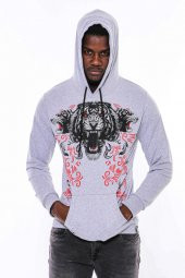 Gri Taşlı Baskılı Kapşonşlu Sweatshirt - 3