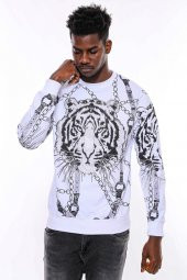 Beyaz Baskılı Ve Taşlı Bisiklet Yaka Sweatshirt - 1