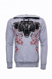 Gri Taşlı Baskılı Kapşonşlu Sweatshirt - 6