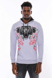 Gri Taşlı Baskılı Kapşonşlu Sweatshirt - 7
