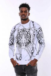 Beyaz Baskılı Ve Taşlı Bisiklet Yaka Sweatshirt - 3