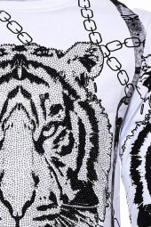 Beyaz Baskılı Ve Taşlı Bisiklet Yaka Sweatshirt - 4