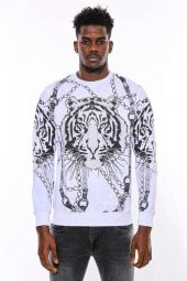 Beyaz Baskılı Ve Taşlı Bisiklet Yaka Sweatshirt - 5