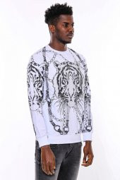 Beyaz Baskılı Ve Taşlı Bisiklet Yaka Sweatshirt - 7