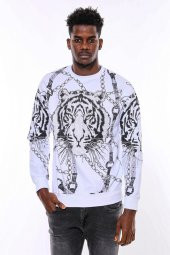 Beyaz Baskılı Ve Taşlı Bisiklet Yaka Sweatshirt - 10