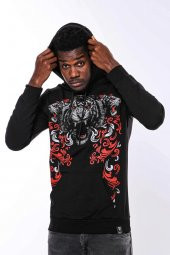 Siyah Kapşonlu Baskılı Sweatshirt - 1