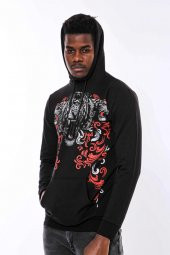Siyah Kapşonlu Baskılı Sweatshirt - 2
