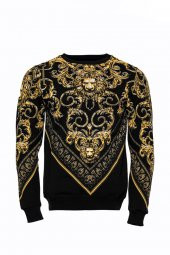 Siyah Bisiklet Yaka Taşlı Baskılı Sweatshirt - 1