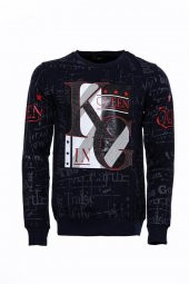 Lacivert Taşlı Desenli Sweatshirt - 3