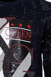 Lacivert Taşlı Desenli Sweatshirt - 1