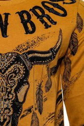 Hardal Baskılı Taşlı Bisiklet Yaka Sweatshirt - 10