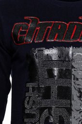 Lacivert Taşlı Baskılı Desenli Sweatshirt - 2