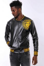 Siyah Deri Görünümlü Baskı Detaylı Mevsimlik Mont - 6