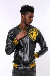 Siyah Deri Görünümlü Baskı Detaylı Mevsimlik Mont - 7