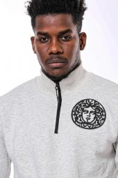 Gri Fermuarlı Baskılı Sweatshirt - 1