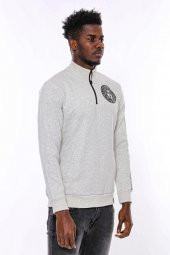 Gri Fermuarlı Baskılı Sweatshirt - 3