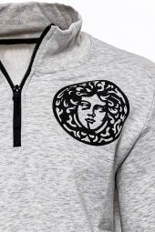 Gri Fermuarlı Baskılı Sweatshirt - 4