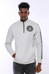 Gri Fermuarlı Baskılı Sweatshirt - 9