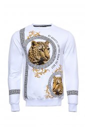 Beyaz Baskılı Taşlı Bisiklet Yaka Sweatshirt - 1