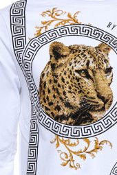Beyaz Baskılı Taşlı Bisiklet Yaka Sweatshirt - 2