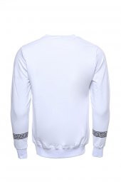 Beyaz Baskılı Taşlı Bisiklet Yaka Sweatshirt - 3