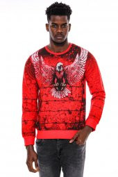 Kırmızı Baskılı Bisiklet Yaka Sweatshirt - 1