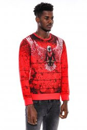 Kırmızı Baskılı Bisiklet Yaka Sweatshirt - 4