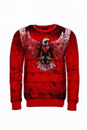 Kırmızı Baskılı Bisiklet Yaka Sweatshirt - 6