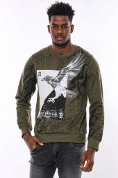 Yeşil Baskılı Taşlı Bisiklet Yaka Sweatshirt - 1