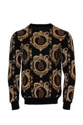 Siyah Taşlı Desenli Sweatshirt - 1