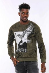 Yeşil Baskılı Taşlı Bisiklet Yaka Sweatshirt - 3