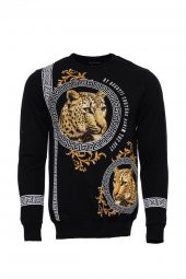 Siyah Taşlı Desenli Sweatshirt - 1
