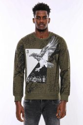 Yeşil Baskılı Taşlı Bisiklet Yaka Sweatshirt - 4