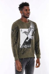 Yeşil Baskılı Taşlı Bisiklet Yaka Sweatshirt - 5