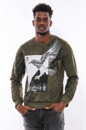 Yeşil Baskılı Taşlı Bisiklet Yaka Sweatshirt - 7