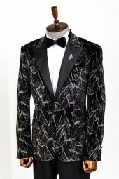 Slim Fit Simli Siyah Erkek Smokin Ceket - 5