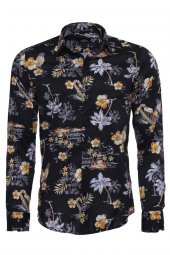 Çiçek Desenli Slim Fit Uzun Kollu Siyah Erkek Gömlek - 1