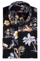 Çiçek Desenli Slim Fit Uzun Kollu Siyah Erkek Gömlek - 4