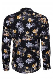 Çiçek Desenli Slim Fit Uzun Kollu Siyah Erkek Gömlek - 5