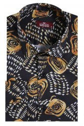 Çiçek Desenli Slim Fit Uzun Kollu Siyah Erkek Gömlek - 3
