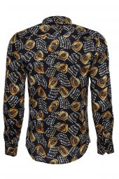 Çiçek Desenli Slim Fit Uzun Kollu Siyah Erkek Gömlek - 5