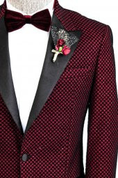 Siyah Desenli Simli Bordo Erkek Smokin Ceket - 7