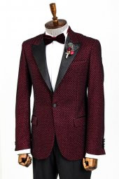 Siyah Desenli Simli Bordo Erkek Smokin Ceket - 3