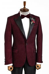 Siyah Desenli Simli Bordo Erkek Smokin Ceket - 4