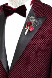 Siyah Desenli Simli Bordo Erkek Smokin Ceket - 5